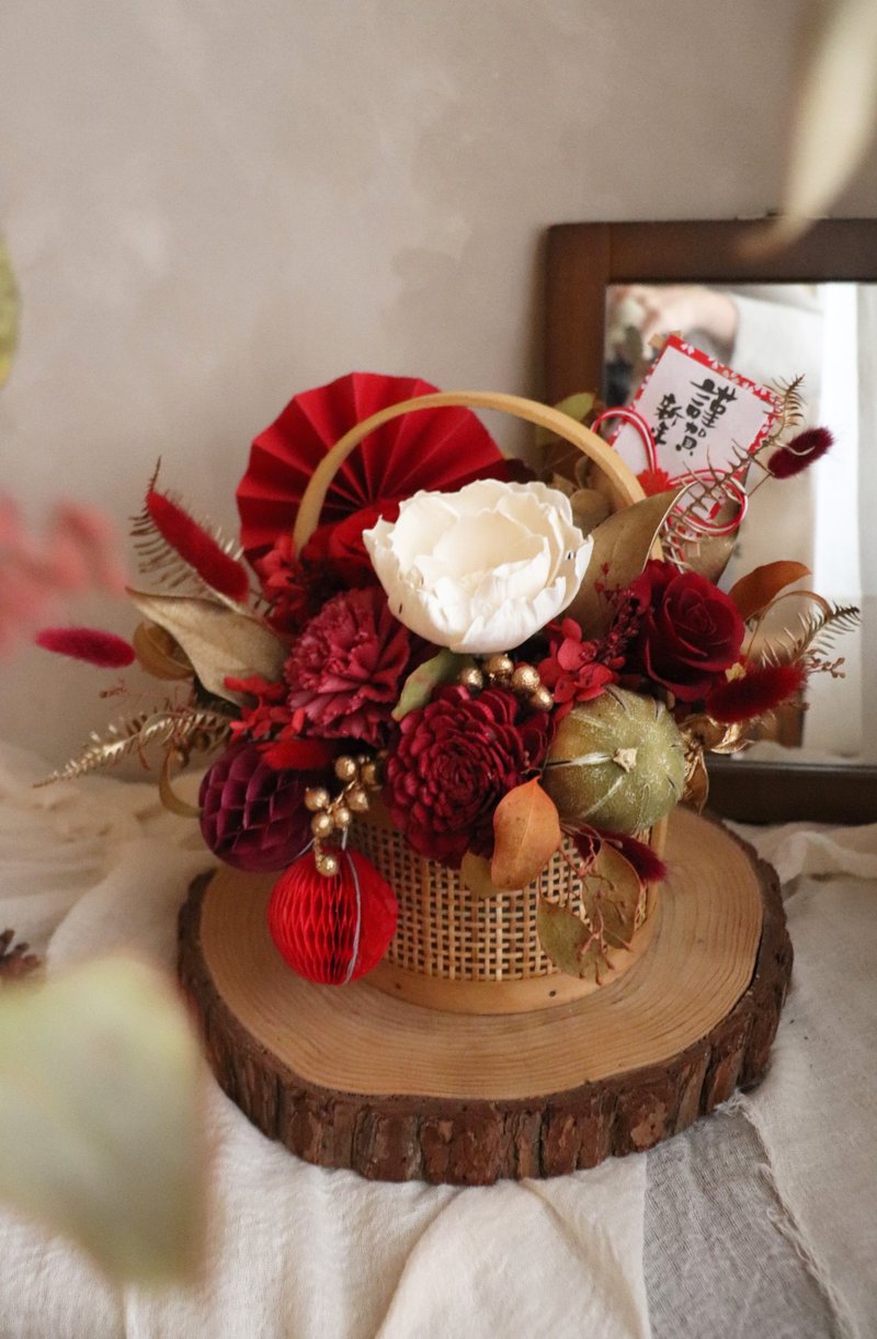 - 瑞彩繫春 - 新春乾燥花籃 開幕盆花 新春盆花 居家裝飾 喬遷禮 - 乾花/永生花 - 植物．花 紅色
