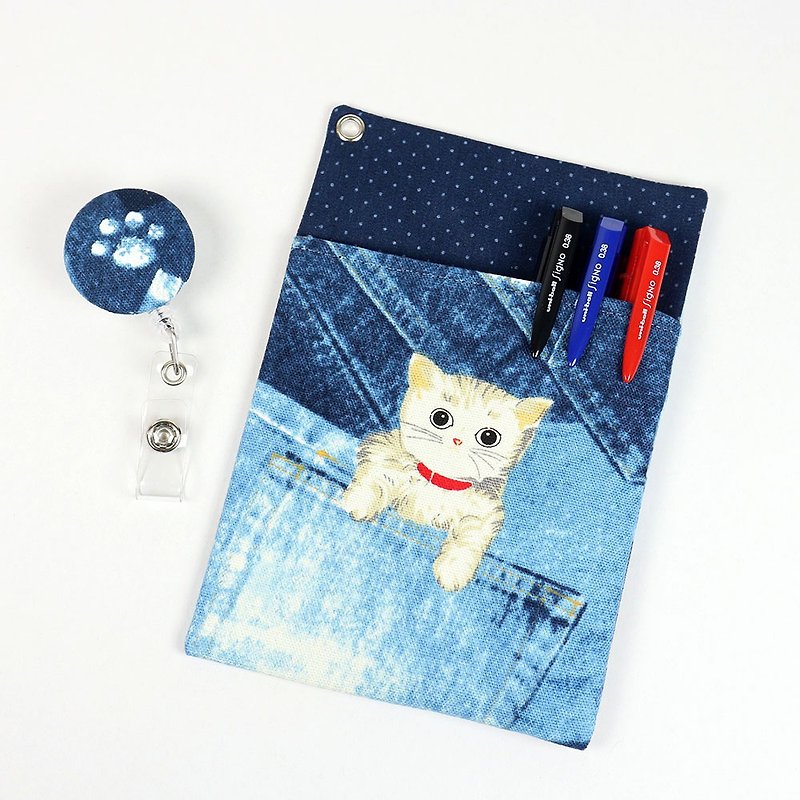 Physician Robe Pocket Leak-proof Ink Storage Bag Pen Case + Document Holder-Cowboy Cat (Blue) - กล่องดินสอ/ถุงดินสอ - ผ้าฝ้าย/ผ้าลินิน สีน้ำเงิน