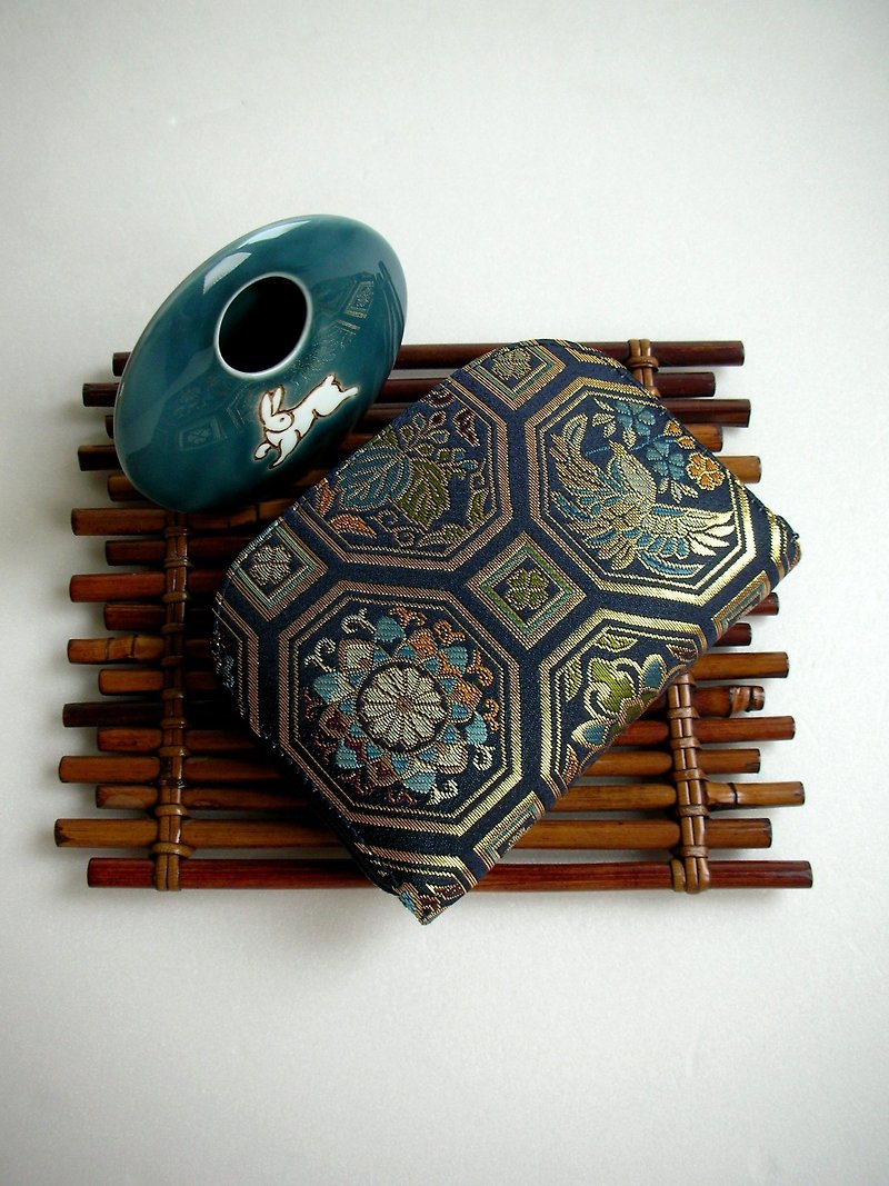Jingxizhen Jinyu Nishiki Weaving [Blue Crane Chrysanthemum Tongwen]-short clip/wallet/change/ - Wallets - Silk Blue
