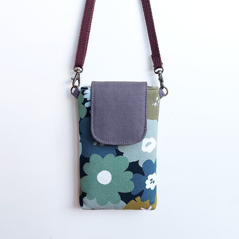 Cross-body/neck mobile phone bag-green graffiti flowers (grey bag cover) - เคส/ซองมือถือ - ผ้าฝ้าย/ผ้าลินิน 