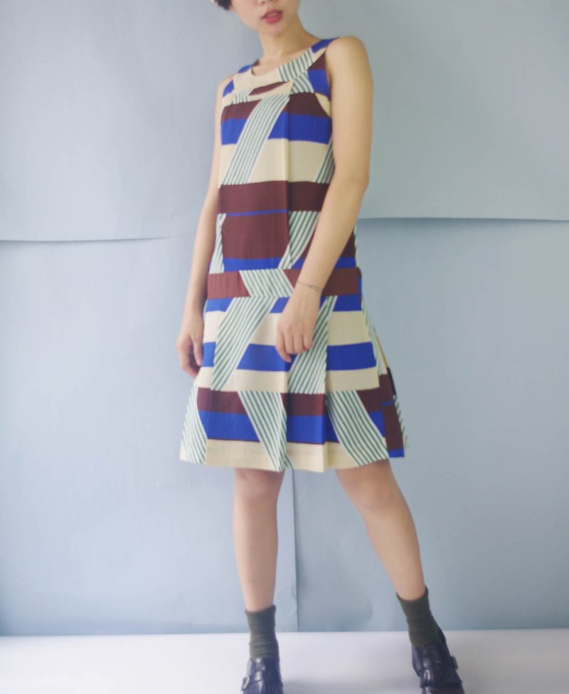 トレジャー・ヴィンテージ - レトロな色のジオメトリ・カラーのノースリーブのドレス - ワンピース - その他の化学繊維 多色