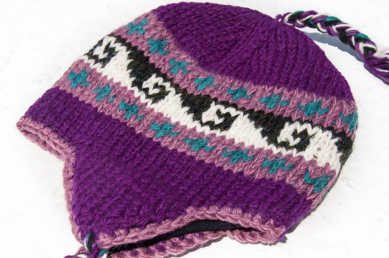 針織純羊毛帽/手工內刷毛毛帽/針織毛帽/飛行毛帽/毛線帽-葡萄紫 - 帽子 - 羊毛 紫色