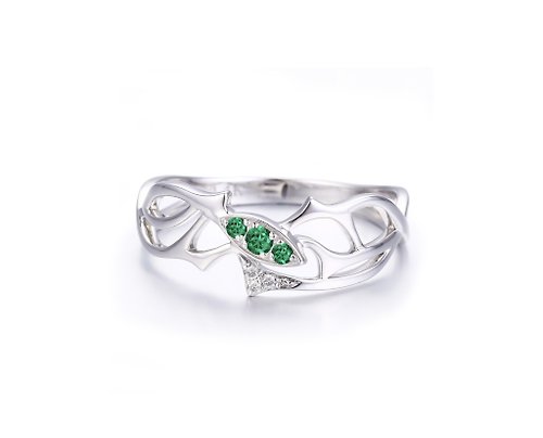 Majade Jewelry Design 祖母綠14k金鑽石馬眼形訂婚戒指 樹枝造型求婚鑽戒 荊棘結婚戒指