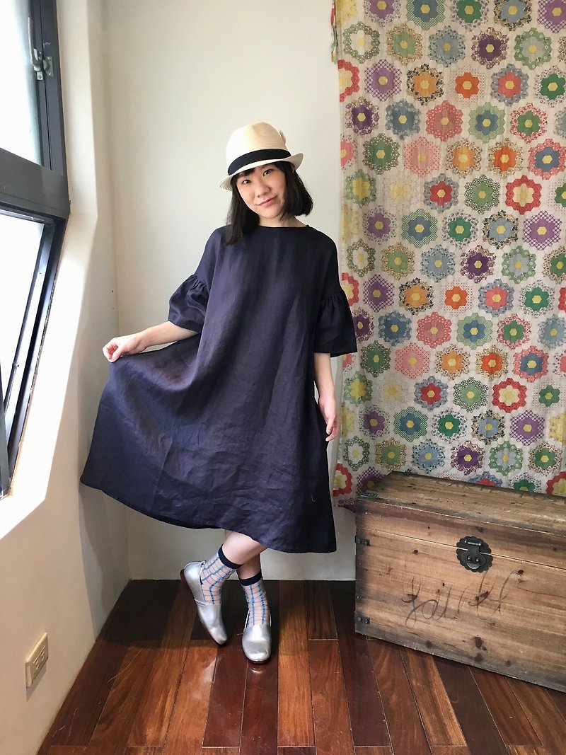Feifei sleeve small dress dark blue DHCT0083 - One Piece Dresses - Cotton & Hemp 