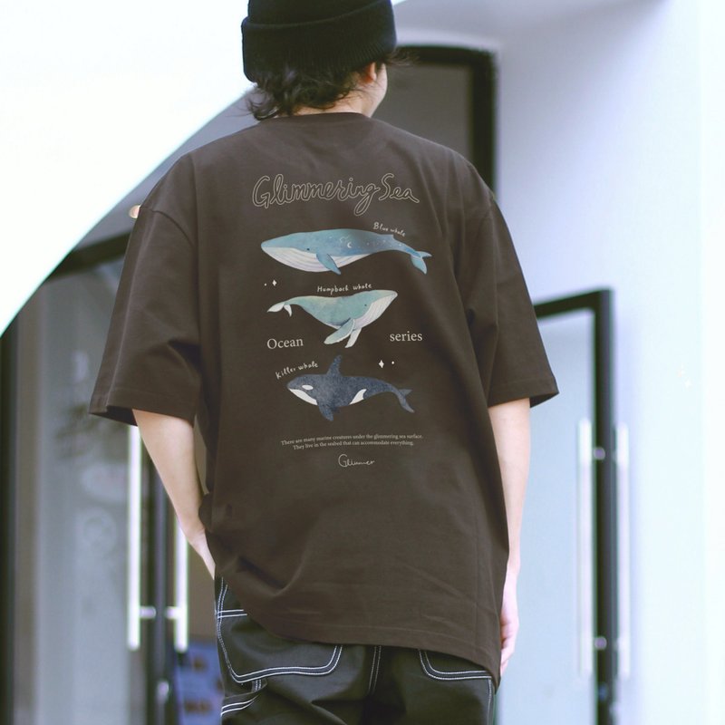 | 微光Ocean | 慵懶落肩T-shirt ~ 鯨魚三重奏 - 女 T 恤 - 棉．麻 