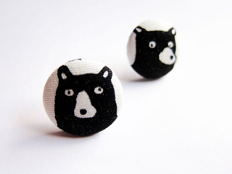 布釦耳環 黑熊 可做夾式耳環 - 耳環/耳夾 - 棉．麻 黑色
