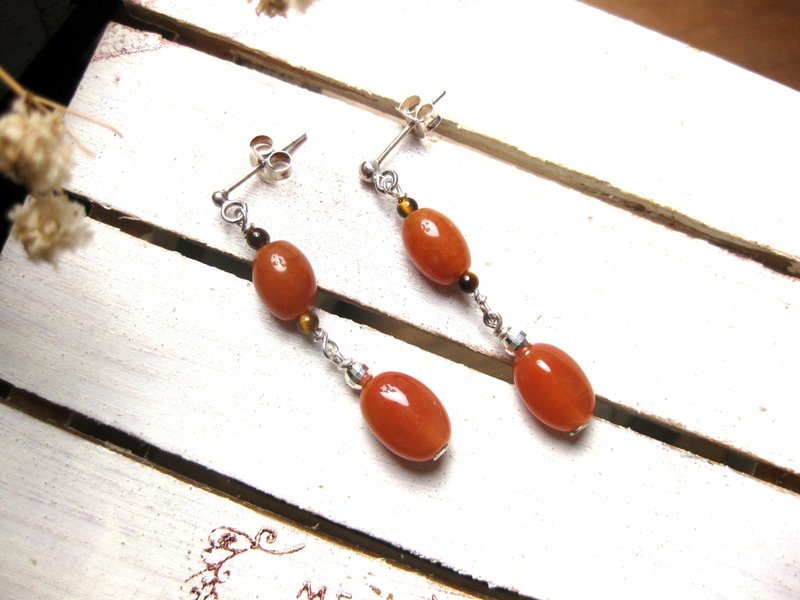 純銀設計耳環 紅東菱玉+虎眼石+紅髮晶+925銀(耳針) - 耳環/耳夾/耳骨夾 - 水晶 紅色