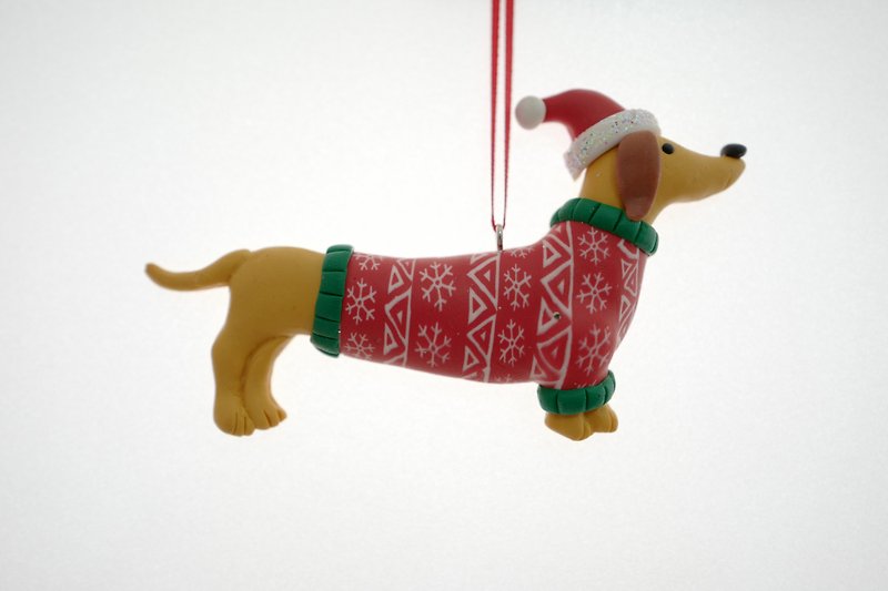 聖誕臘腸狗吊飾 - 吊飾 - 陶 紅色