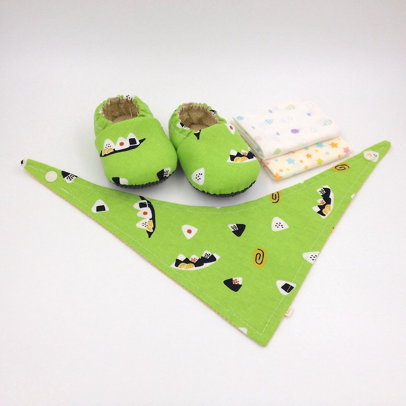 海苔飯糰-彌月寶寶禮盒(學步鞋/寶寶鞋/嬰兒鞋+2手帕+領巾) - 滿月禮物 - 棉．麻 綠色