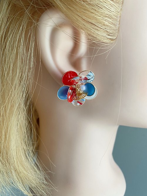 mail mail japanese 紅白藍三色銅線花、耳環、耳夾