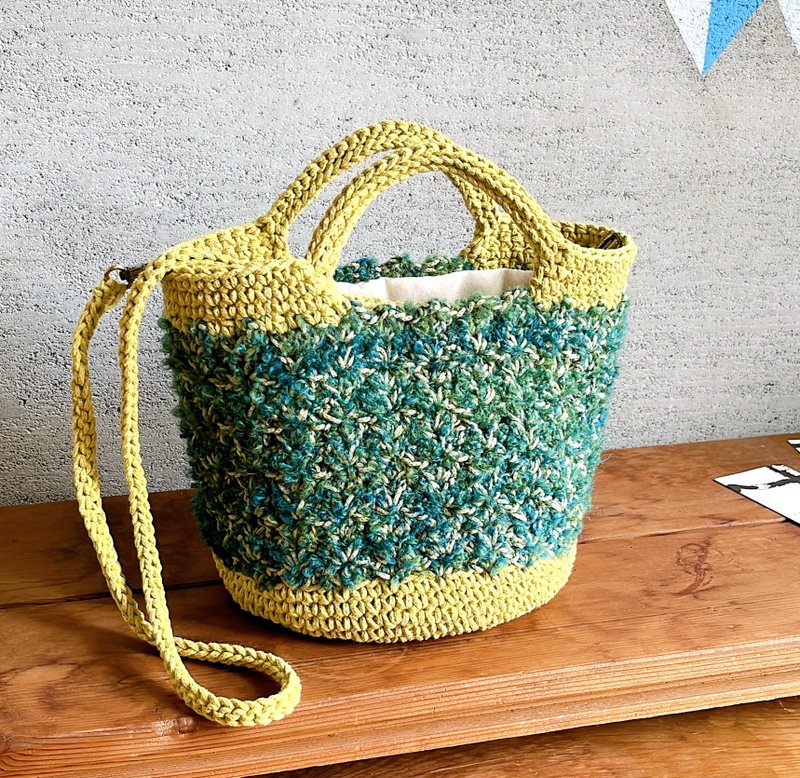 Space-dyed blended cotton yarn hand crocheted 2 bags - emerald green + mustard yellow - Handbags & Totes - Cotton & Hemp Green