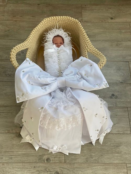 V.I.Angel White cocoon with bonnet. Take home cocoon with father, pearls, rhinestones.