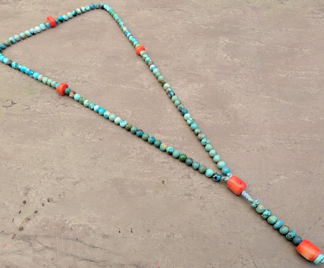 ターコイズ数珠ネックレス ロザリオ 108 数珠、天然希少本物のヒマラヤ