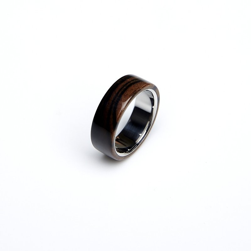 Wide flat striped ebony steel ring - แหวนทั่วไป - ไม้ 