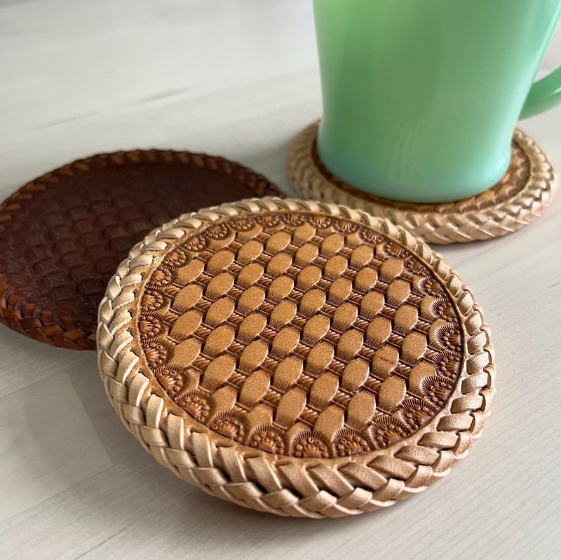 【LS Leatherworks】皮革杯墊-藤紋編織 - 杯墊 - 真皮 咖啡色
