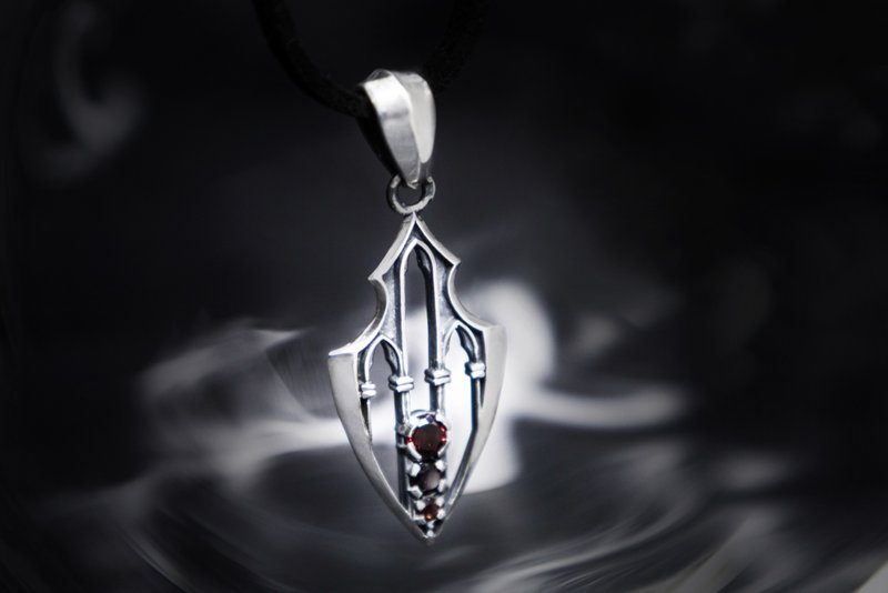 Defender, Sterling silver pendant with garnets, Gothic Spear shaped necklace - Necklaces - Silver Silver