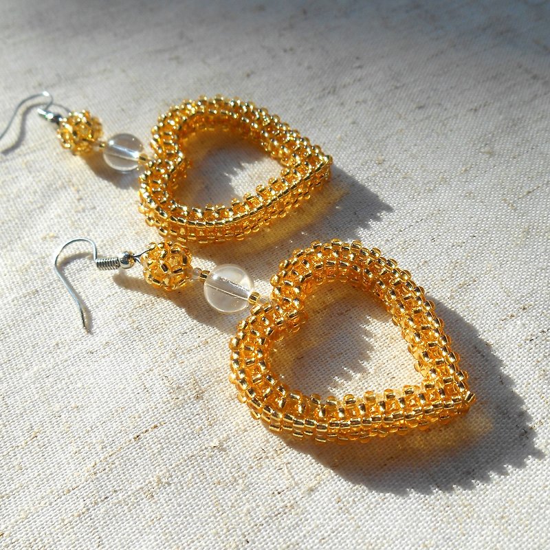 Beaded golden heart drop earrings, heart pendant earrings, long earrings - Earrings & Clip-ons - Other Materials Gold