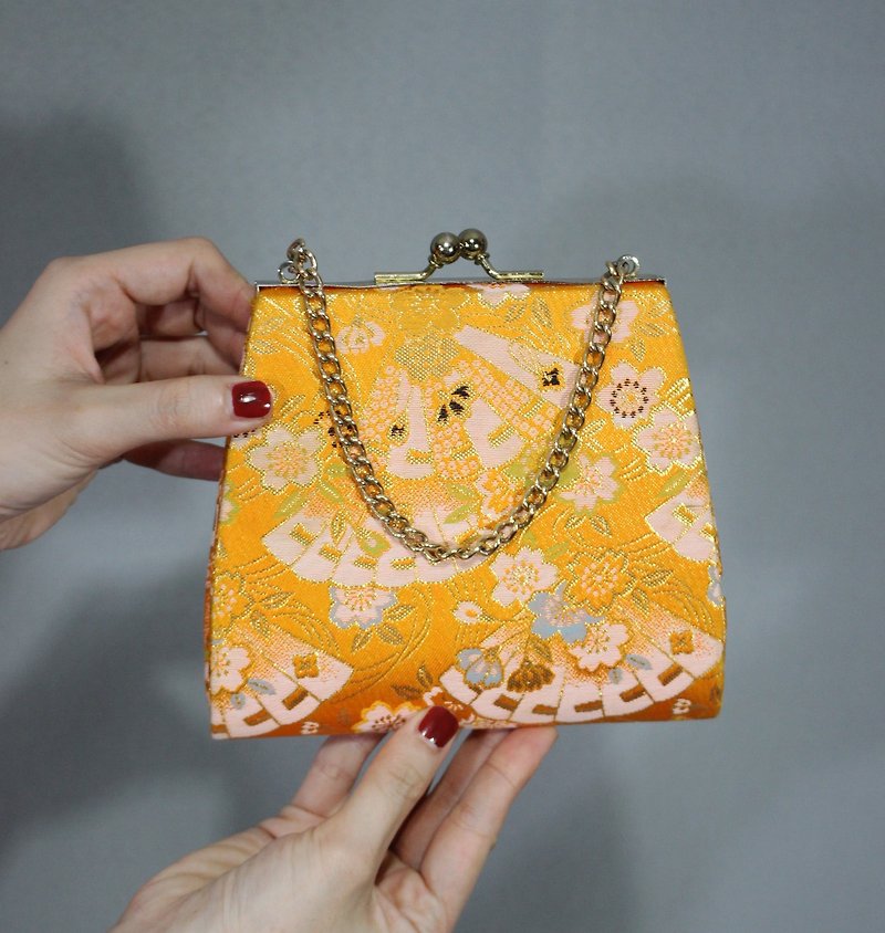 (Vintage) Japanese chrysanthemum satin fan cherry blossom with kimono clutch (birthday Valentine's day gift) - Clutch Bags - Other Man-Made Fibers Orange