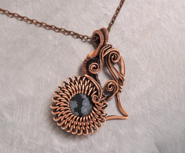 Obsidian pendant, Wire wrap jewelry, Copper necklace, Unique jewelry, Anniversary gift for wife, order Statement necklace, Wedding gift for her