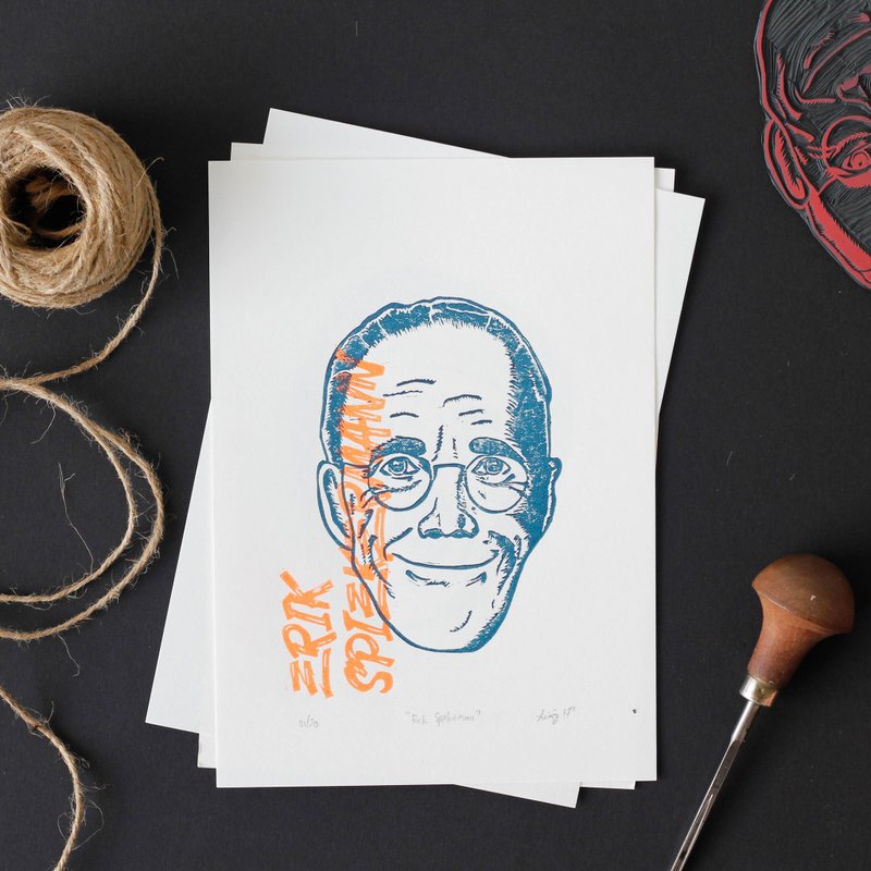 Erik Spiekermann , The 7 Noble Designers - Linocut Printmaking Edition Print - 海報/掛畫/掛布 - 紙 藍色