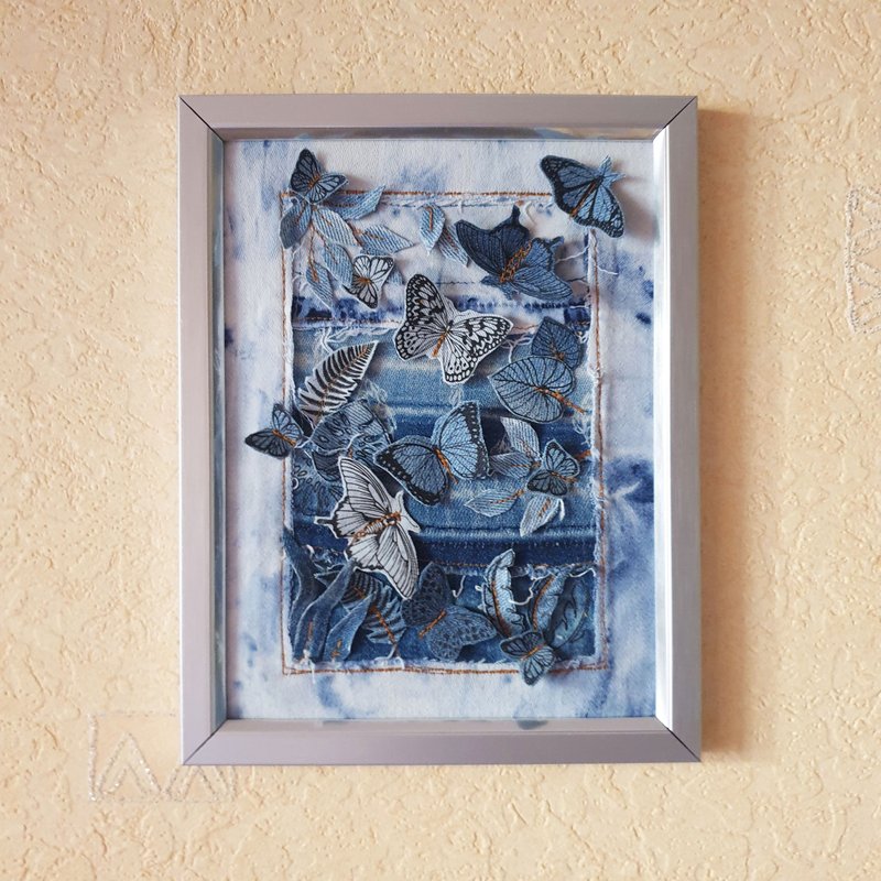 Denim Wall Art Butterfly Valley OOAK Denim art Fabric Art Textile Art - Wall Décor - Other Metals Blue