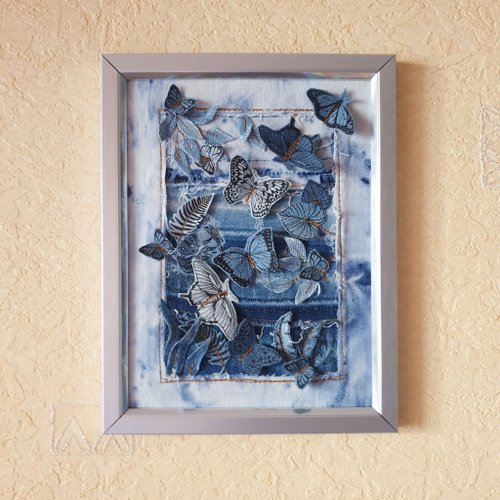 Victoria Magic Jewelry Denim Wall Art Butterfly Valley OOAK Denim art Fabric Art Textile Art