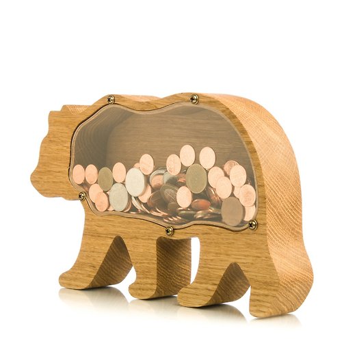 WOODPRESENTS Adult piggy bank GRIZZLY BEAR Wood money box for girls boys kids Unique tip jar