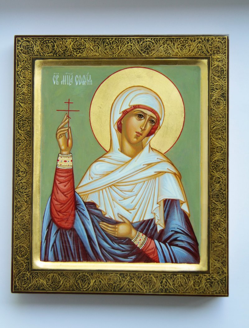 hand painted orthodox wood icon Saint Holy Martyr Sophia Religious pocket size - 其他 - 木頭 綠色
