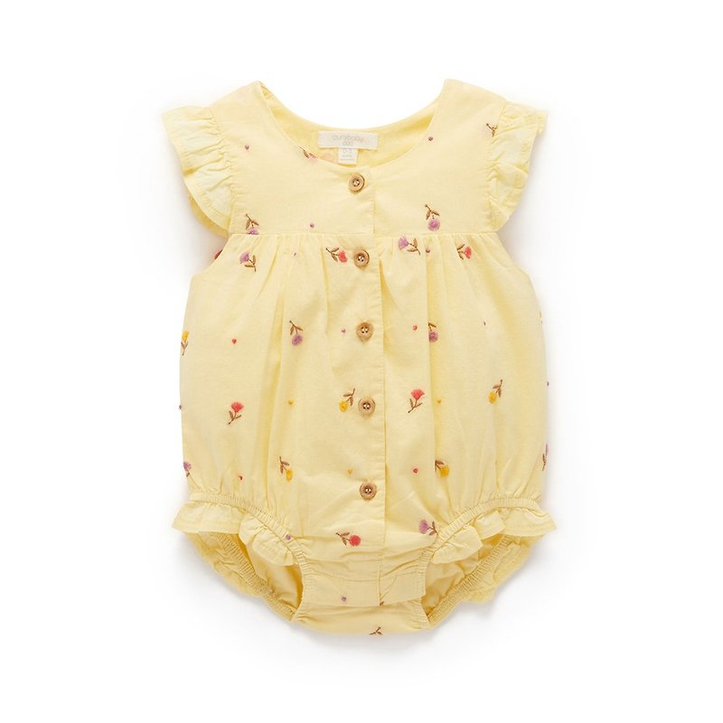 澳洲Purebaby有機棉嬰兒短袖包屁衣/新生兒 連身衣 黃色繡花 - 嬰兒連身衣/包被/包巾 - 棉．麻 