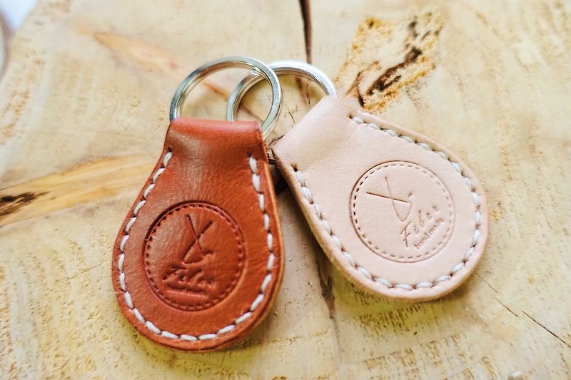 Fiber hand-made hand-sewn vegetable tanned leather key ring - Keychains - Genuine Leather Brown