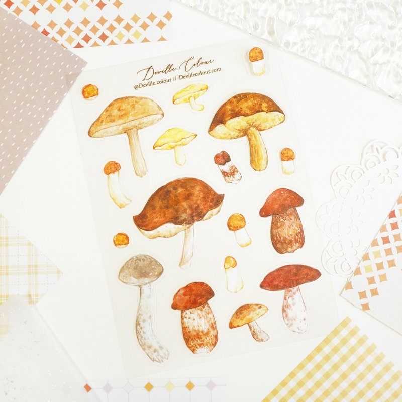【牛肝菌蘑菇】水彩插畫 白墨PET貼紙  手帳 自然 菇菌 Bolete - 貼紙 - 塑膠 橘色