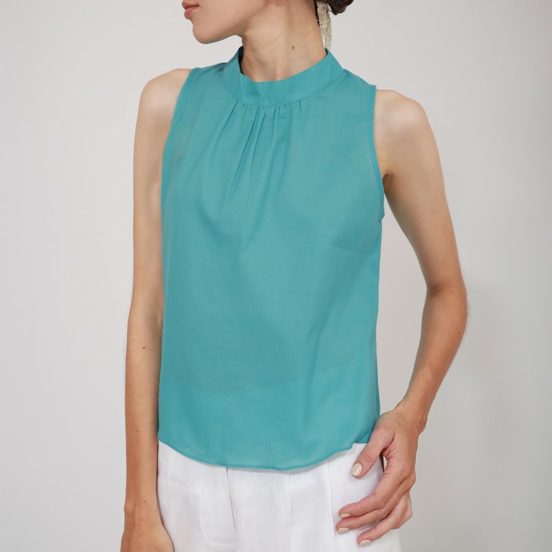 Cotton Sleeveless Blouse, Summer blouse, Green Turquoise - 女上衣/長袖上衣 - 棉．麻 綠色