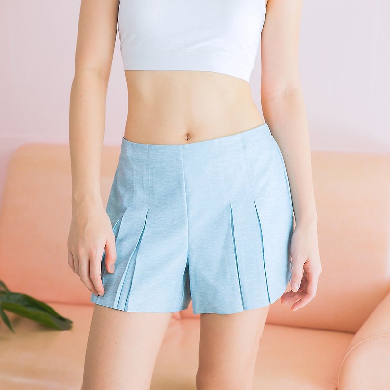 Pleated Shorts - Blue - 女長褲 - 聚酯纖維 藍色