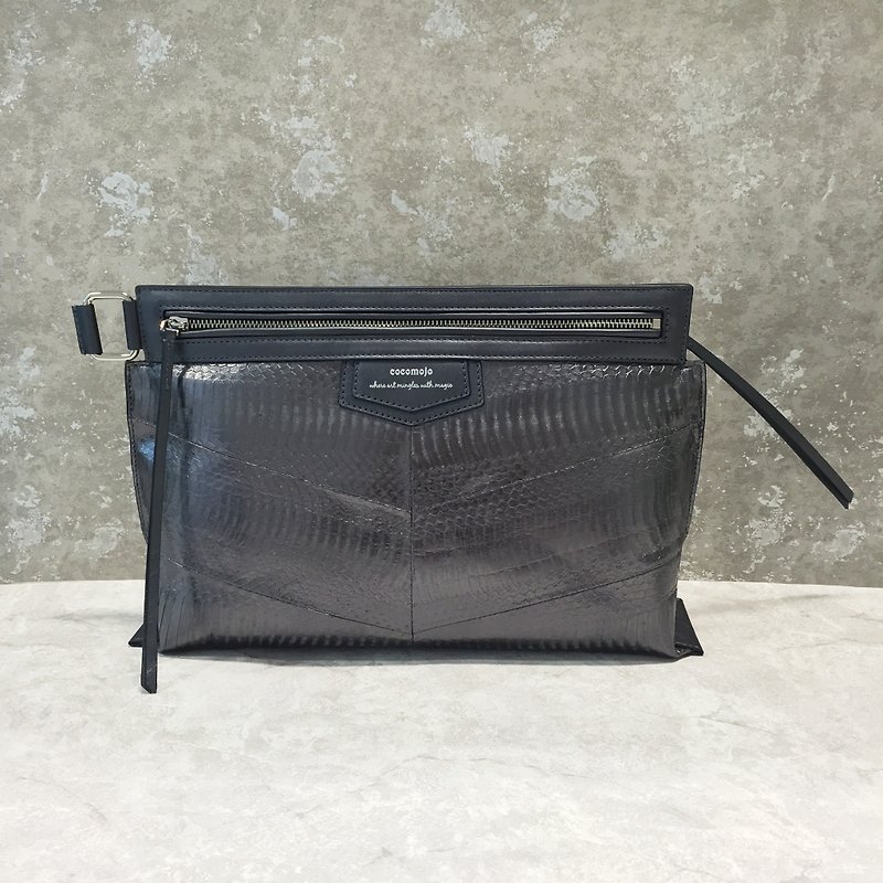 Francine dark gray shiny snakeskin bag - Clutch Bags - Genuine Leather Black