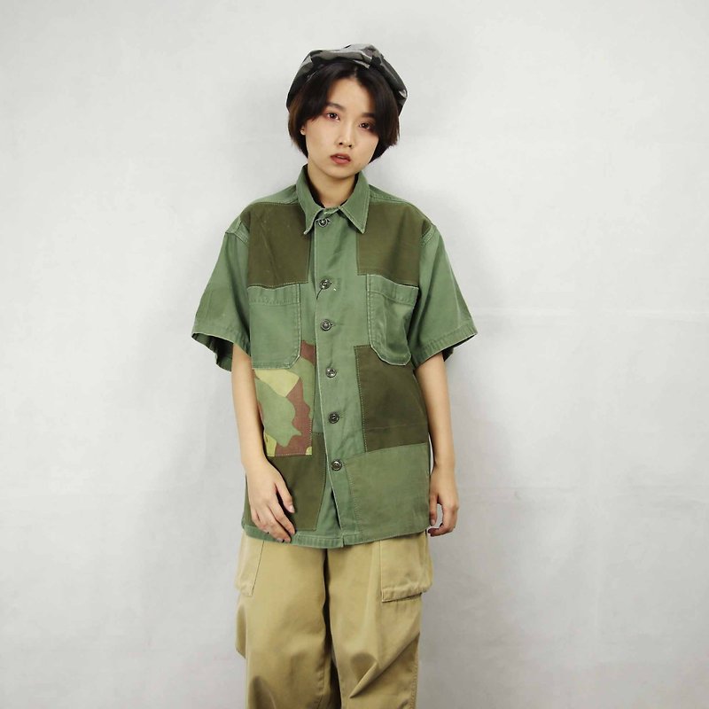 Tsubasa.Y Ancient House 006 Re-splicing Army Lining, Splicing Army Green Army Shirt - Men's Shirts - Polyester 