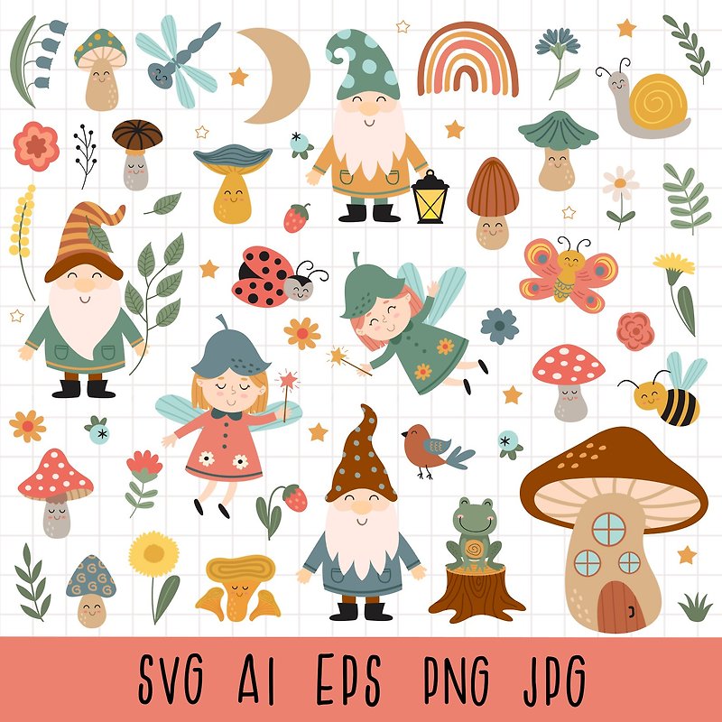 Forest Clipart, Mushrooms clipart, Gnomes clipart, Insects clipart, Flowers svg