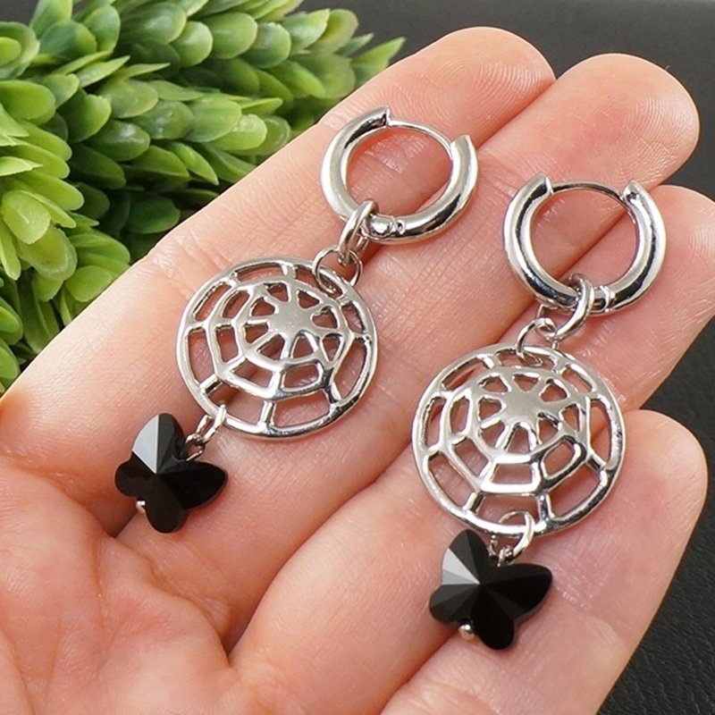 Black Butterfly Web Hoop Earrings Swarovski Crystal Long Earrings Hoops Jewelry - 耳環/耳夾/耳骨夾 - 水晶 黑色