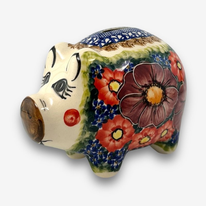 波蘭手繪手工陶-小豬存錢筒 15cm 雅紅之宴系列 波蘭製 - 存錢筒 - 陶 多色