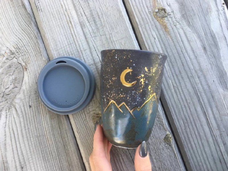 Pottery mug, Double Layer mug, Mug with lid ceramic, travel coffee cup - 咖啡杯/馬克杯 - 陶 灰色