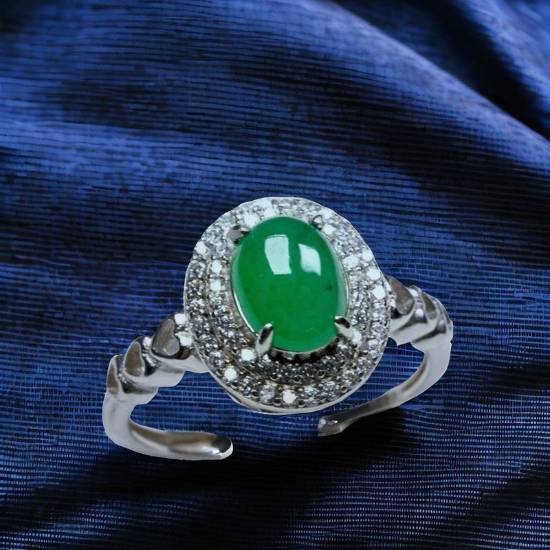 冰陽綠翡翠蛋面戒指 925純銀 | 天然緬甸玉A貨翡翠 | 送禮 - 戒指 - 玉石 綠色
