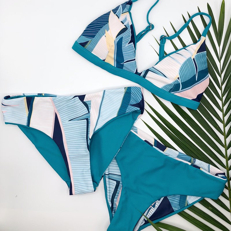 Blue Tropical Foliage Bikini - Women's Swimwear - Polyester Multicolor