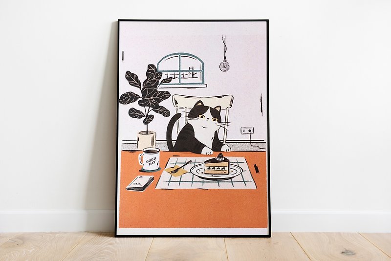A kitty trying to steal chocolate cake | Art print | - โปสเตอร์ - กระดาษ ขาว