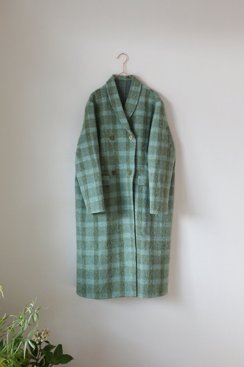 Italian fabric natural style green fruit collar green plaid double-sided mid-length coat - เสื้อโค้ทผู้ชาย - ขนแกะ 