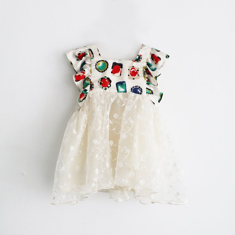 サテンテクスチャ刺繍糸小スカートドレス - キッズドレス - シルク・絹 ホワイト