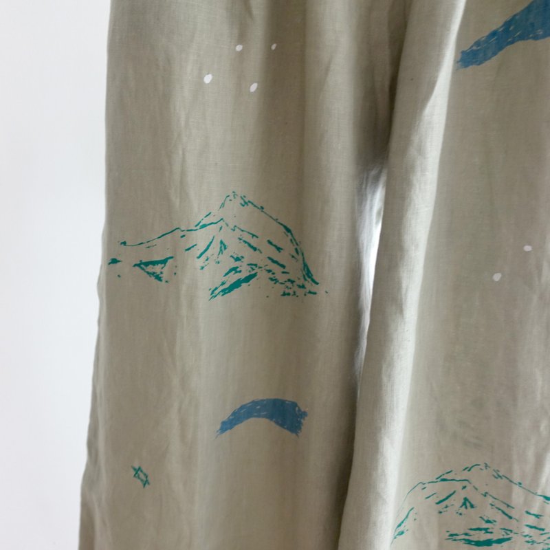 YINKE hand-printed grey-green pocket wide trousers - mountain edge, raindrops, a touch of waves - กางเกงขายาว - ผ้าฝ้าย/ผ้าลินิน สีเขียว