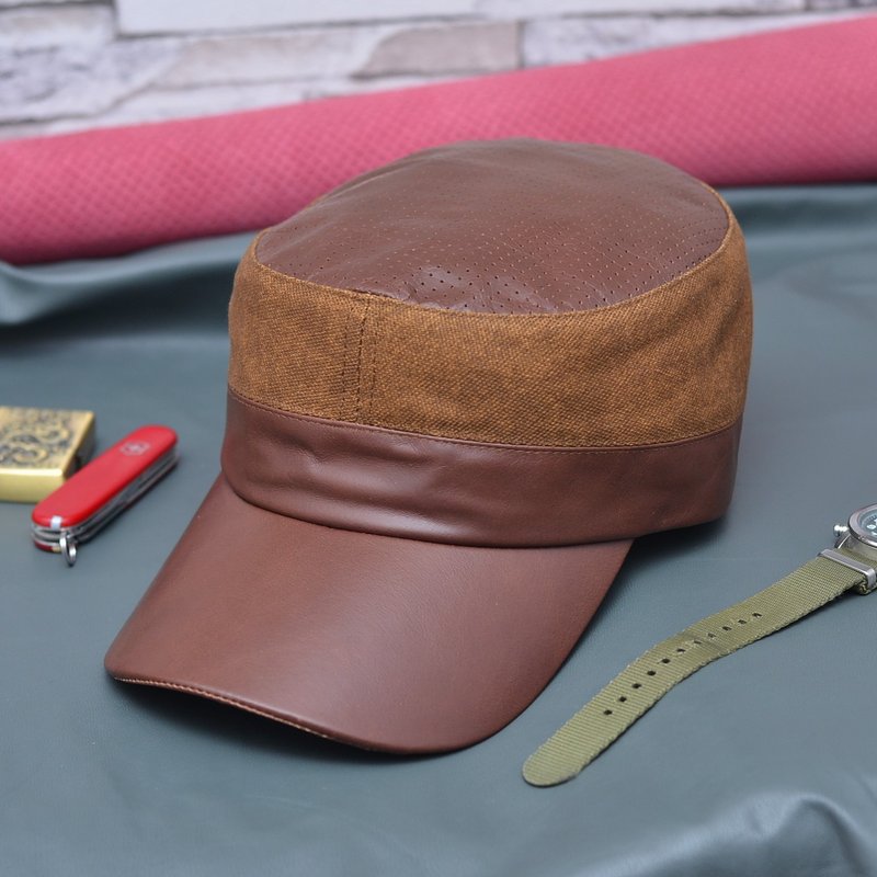 MAJORLIN military cap military style leather cap Scout leather and canvas breathable, comfortable and fashionable new choice - หมวก - หนังแท้ สีนำ้ตาล