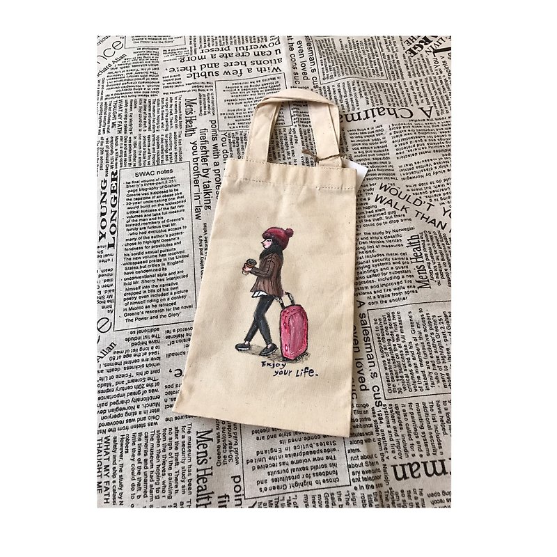 Hand-painted canvas girl environmental protection beverage bag | canvas beverage bag | thermos bottle special - กระเป๋าถือ - ผ้าฝ้าย/ผ้าลินิน 