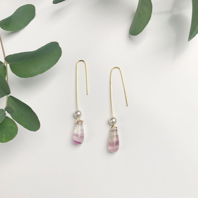 芸 天然 natural crystal purple drops fluorite earrings pearl ear clips sterling silver earrings - Earrings & Clip-ons - Other Materials Gold