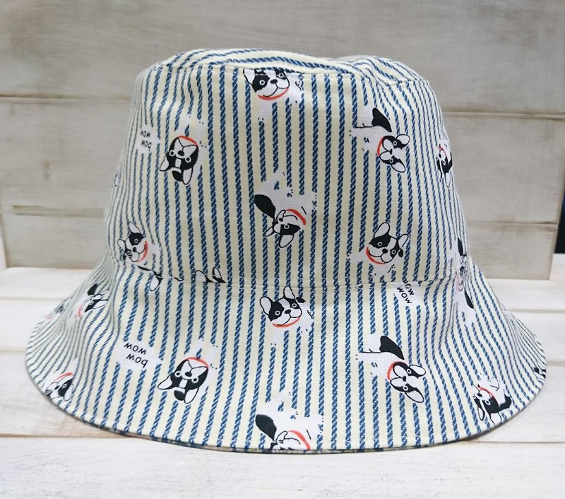 Beige Stripe Fighting & Gray Blue Small Floral Double-sided Fisherman's Hat - หมวก - ผ้าฝ้าย/ผ้าลินิน ขาว
