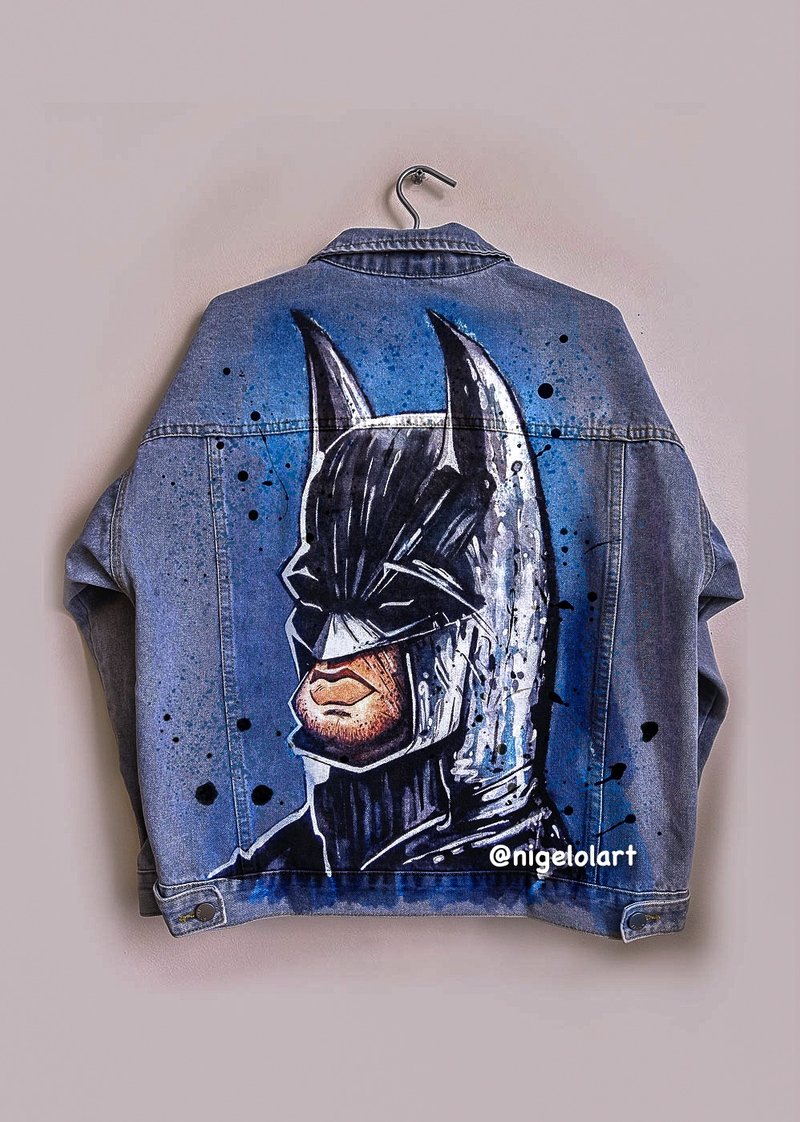 Batman Spider-Man Superman Painted denim jacket Customized jacket Portrait - 男夾克/外套 - 棉．麻 